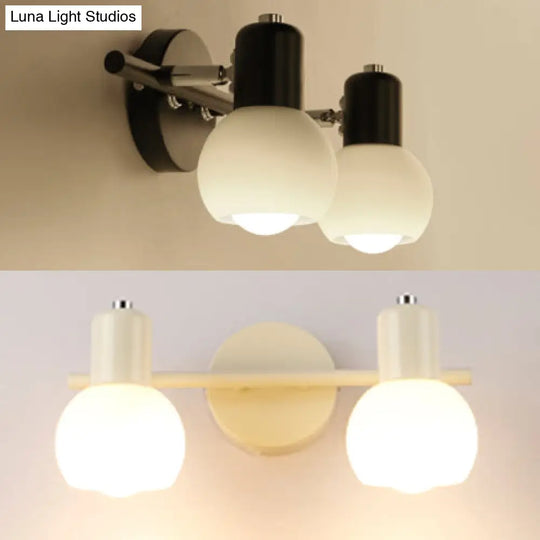 Ivory Glass Bubble Shade Bathroom Wall Light Fixture - Industrial Style 2 Lights Black/White Sconce