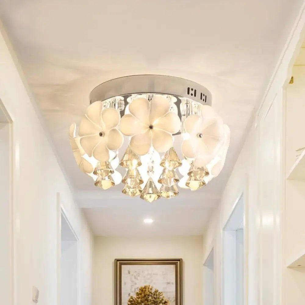 Ivory Glass Chrome Flush Mount Flower Ceiling Light With Diamond Crystal Drop