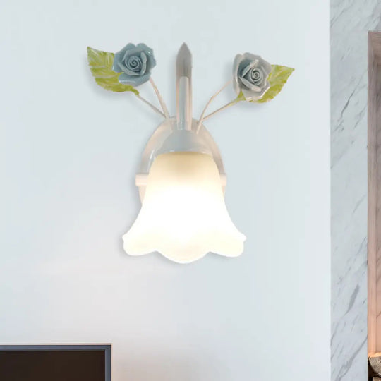 Ivory Glass Flower Wall Lamp Countryside Living Room Sconce Light Fixture Blue