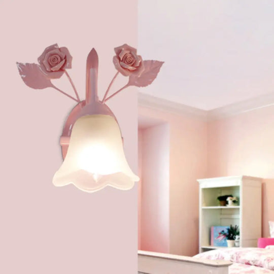 Ivory Glass Flower Wall Lamp Countryside Living Room Sconce Light Fixture Pink