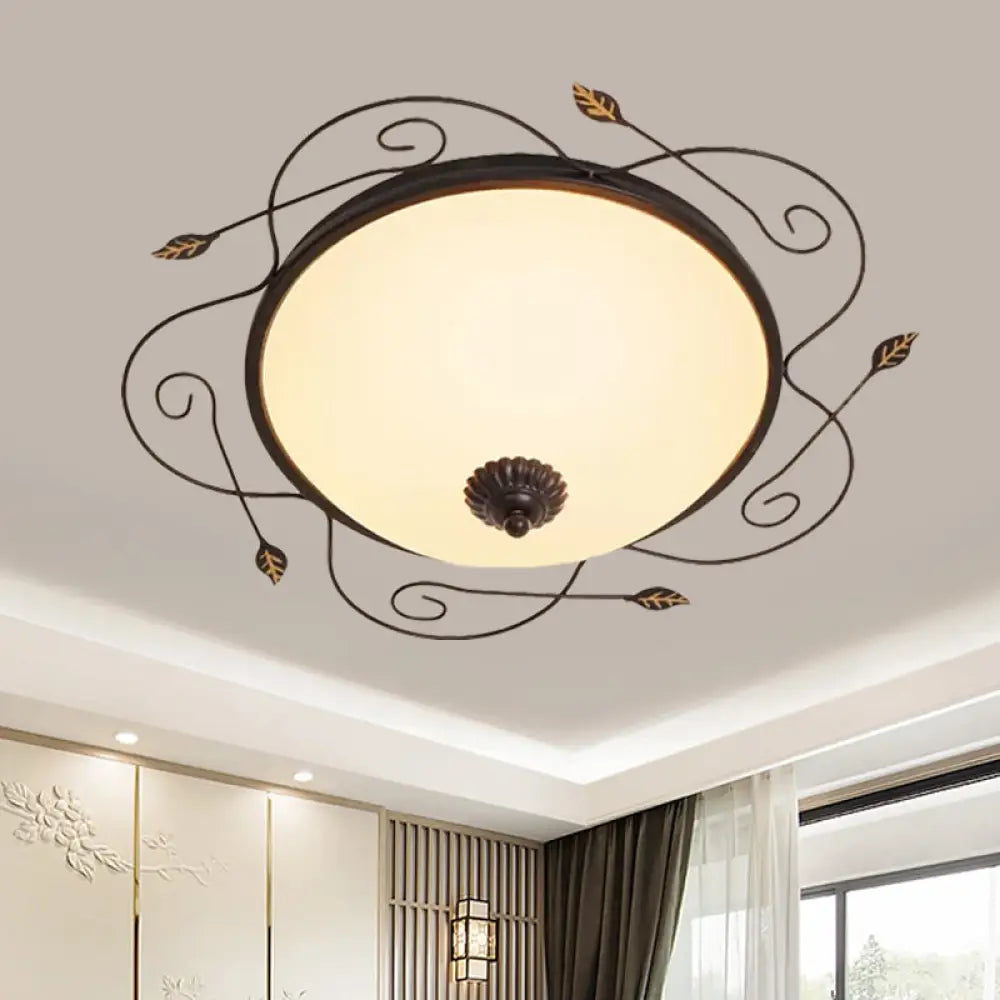 Ivory Glass Flushmount Ceiling Light With Twined Vines - 3-Head Dome Design Rural Style Black