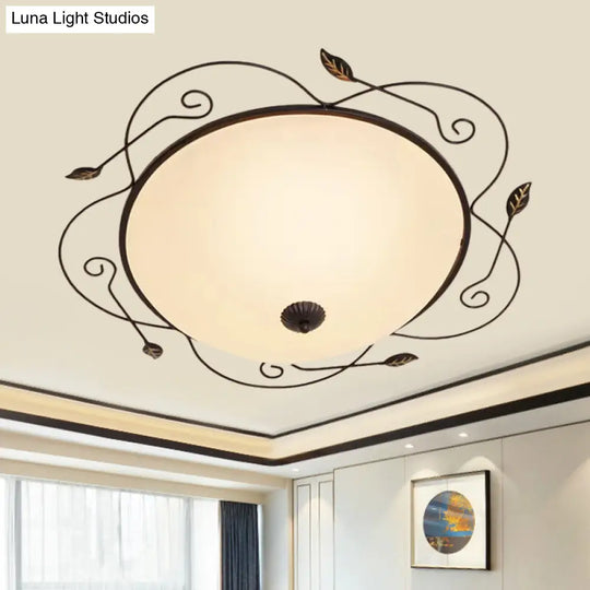 Ivory Glass Flushmount Ceiling Light With Twined Vines - 3-Head Dome Design Rural Style Black 18/25