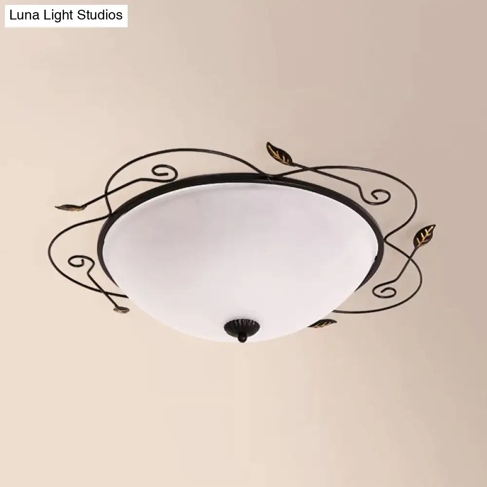 Ivory Glass Flushmount Ceiling Light With Twined Vines - 3-Head Dome Design Rural Style Black