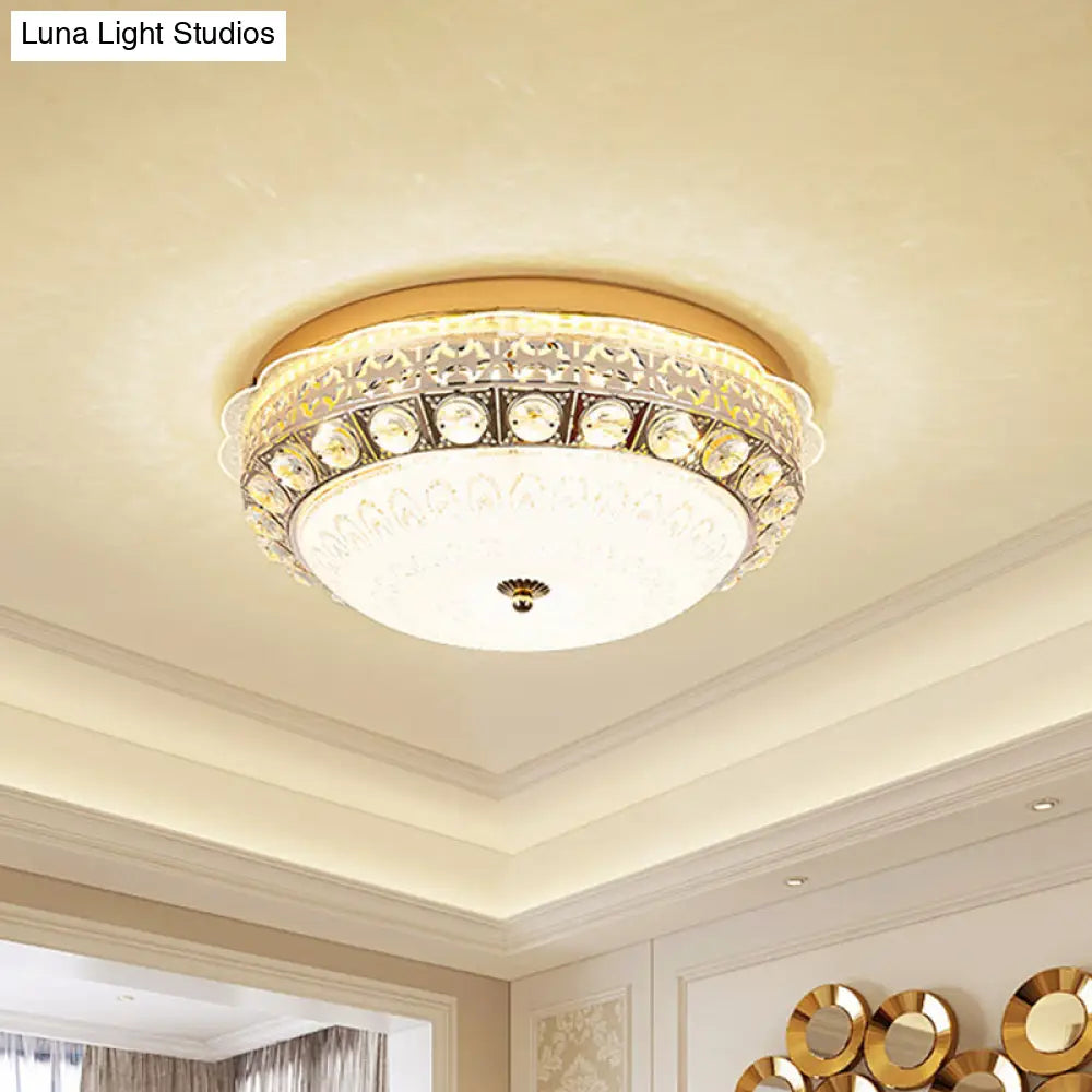 Ivory Glass Gold Ceiling Dome Led Flush Mount With Crystal Accent