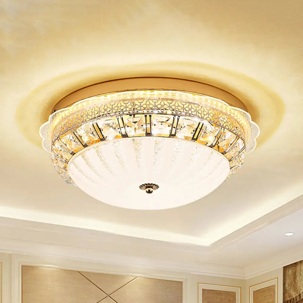 Ivory Glass Gold Ceiling Dome Led Flush Mount With Crystal Accent / B