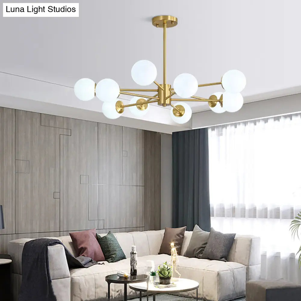 Ivory Glass Living Room Hanging Light With Burst Design In Gold - Postmodern Chandelier