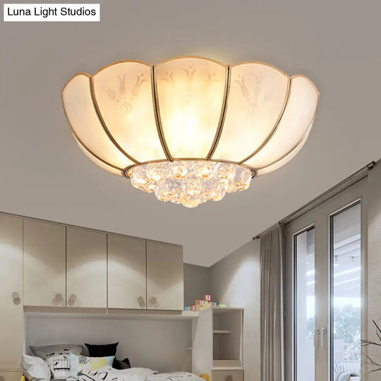 Ivory Glass Scallop Ceiling Fixture With Crystal Ball - Colonial 4/6 Bulbs Bedroom Flush Mount