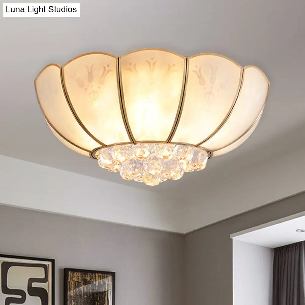 Ivory Glass Scallop Ceiling Fixture With Crystal Ball - Colonial 4/6 Bulbs Bedroom Flush Mount