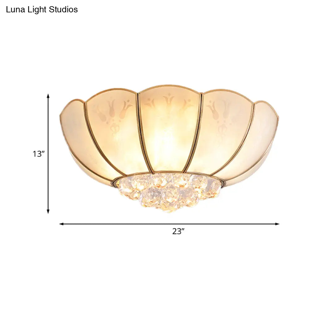 Ivory Glass Scallop Ceiling Fixture With Crystal Ball - Colonial 4/6 Bulbs Bedroom Flush Mount