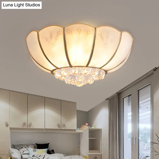 Ivory Glass Scallop Ceiling Fixture With Crystal Ball - Colonial 4/6 Bulbs Bedroom Flush Mount
