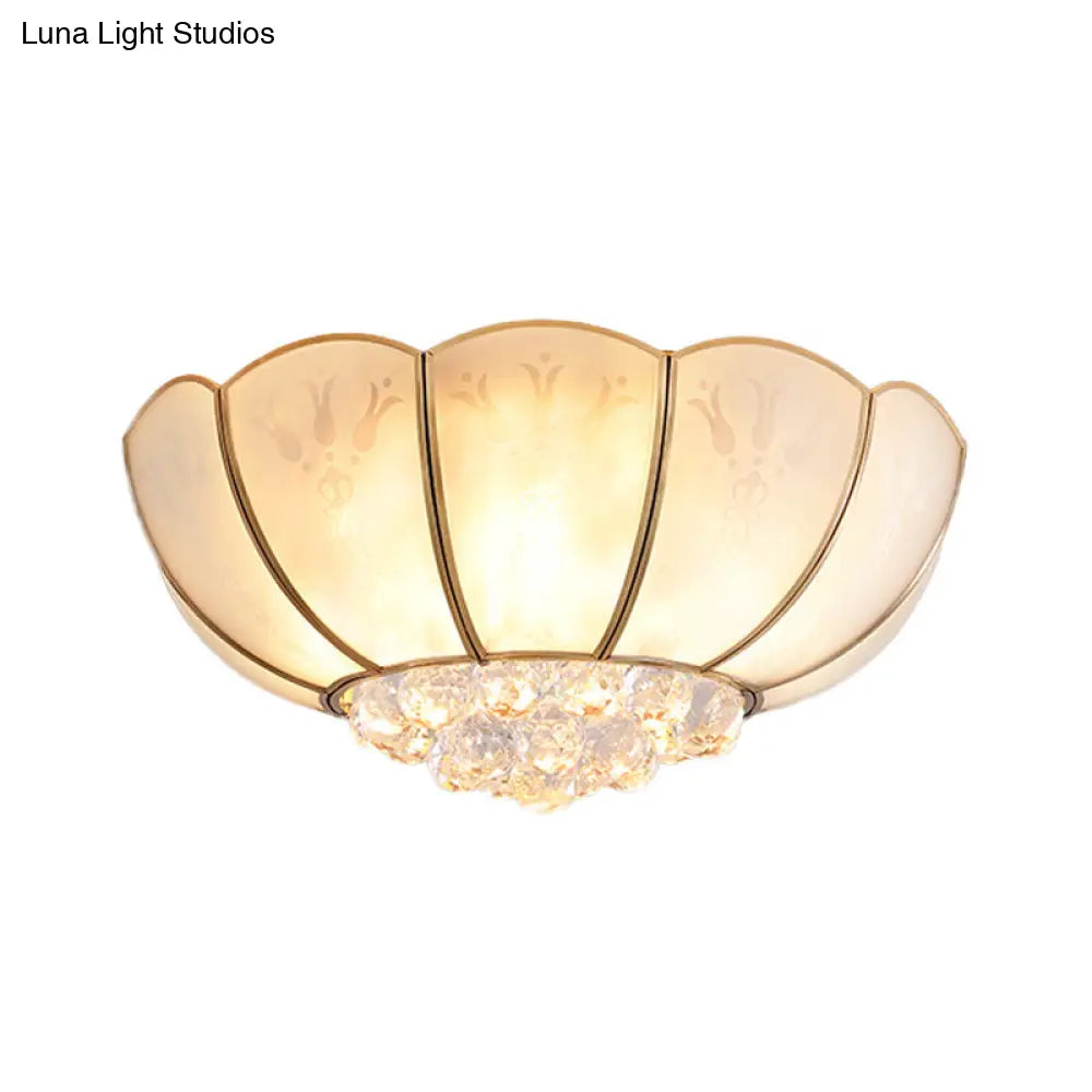 Ivory Glass Scallop Ceiling Fixture With Crystal Ball - Colonial 4/6 Bulbs Bedroom Flush Mount