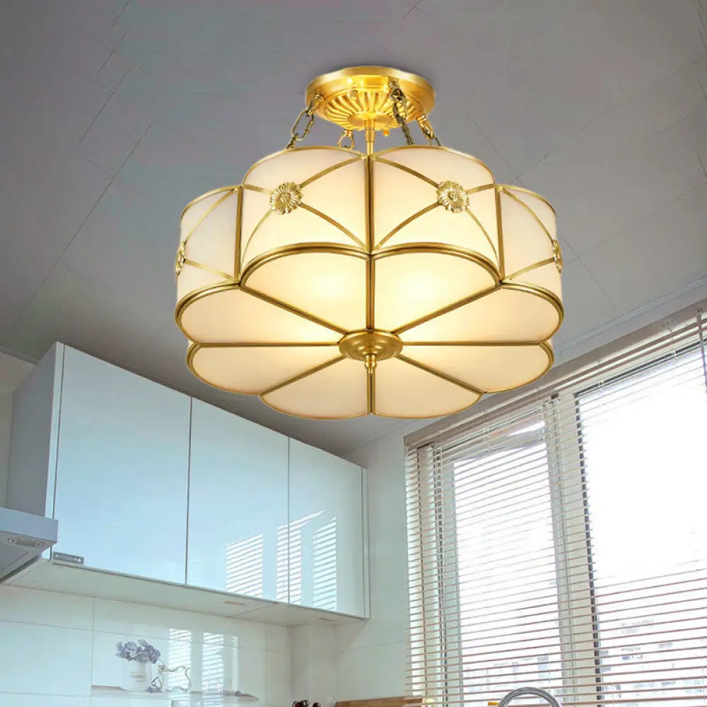 Ivory Glass Scallop Semi Flush Mount Ceiling Light - Vintage Brass Fixture 4-Head Design For