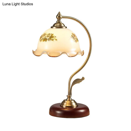 Ivory Glass Scalloped Desk Lamp - Romantic Nightstand Light For Bedroom