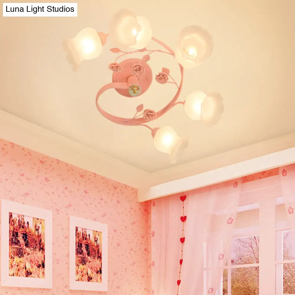 Semi-Flush Mount Pastoral Ceiling Light Fixture With Ivory Glass Spiral Design - 6 Heads Blue/Pink