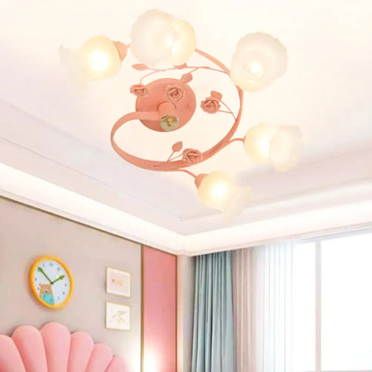 Ivory Glass Spiral Ceiling Lighting 6 Heads Semi - Flush Mount Light Fixture In Blue/Pink For