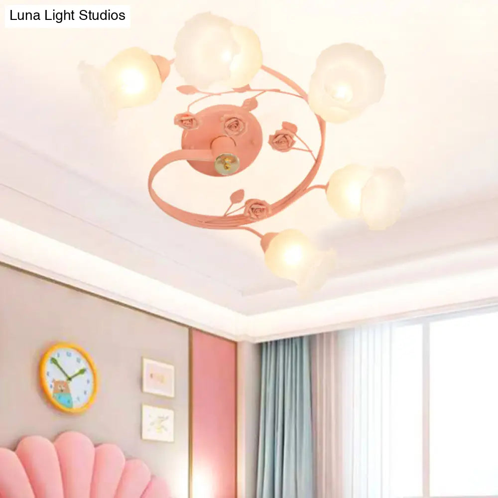 Semi-Flush Mount Pastoral Ceiling Light Fixture With Ivory Glass Spiral Design - 6 Heads Blue/Pink