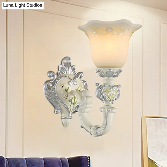 Ivory Glass Wall Sconce - Traditional White Bell Shaped Bedroom Light Kit