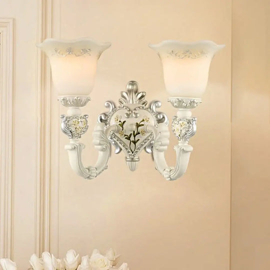 Ivory Glass Wall Sconce - Traditional White Bell Shaped Bedroom Light Kit 2 /