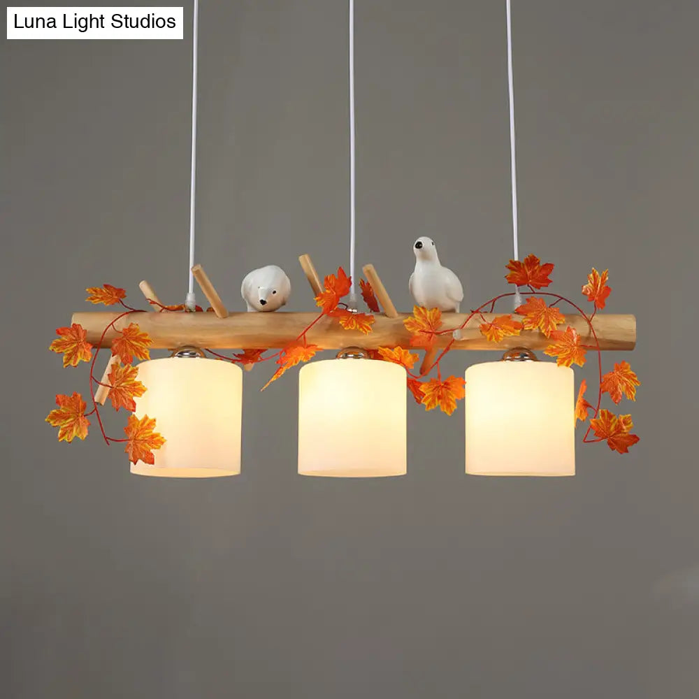 Ivory Glass Wood Island Pendant - Industrial Style With Maple/Green Leaf And Bird Décor 2/3 Bulbs