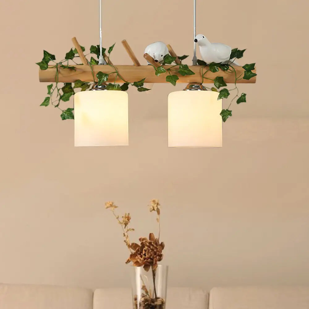 Ivory Glass Wood Island Pendant - Industrial Style With Maple/Green Leaf And Bird Décor 2/3 Bulbs 2