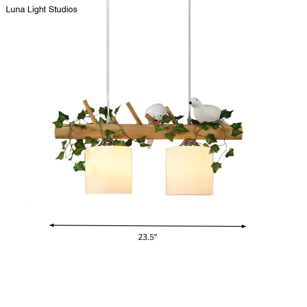 Ivory Glass Wood Island Pendant - Industrial Style With Maple/Green Leaf And Bird Décor 2/3 Bulbs