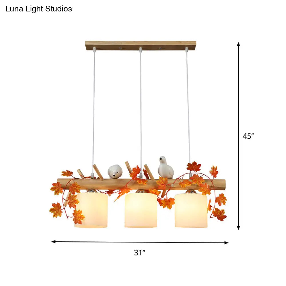 Ivory Glass Wood Island Pendant - Industrial Style With Maple/Green Leaf And Bird Décor 2/3 Bulbs