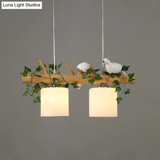 Ivory Glass Wood Island Pendant - Industrial Style With Maple/Green Leaf And Bird Décor 2/3 Bulbs