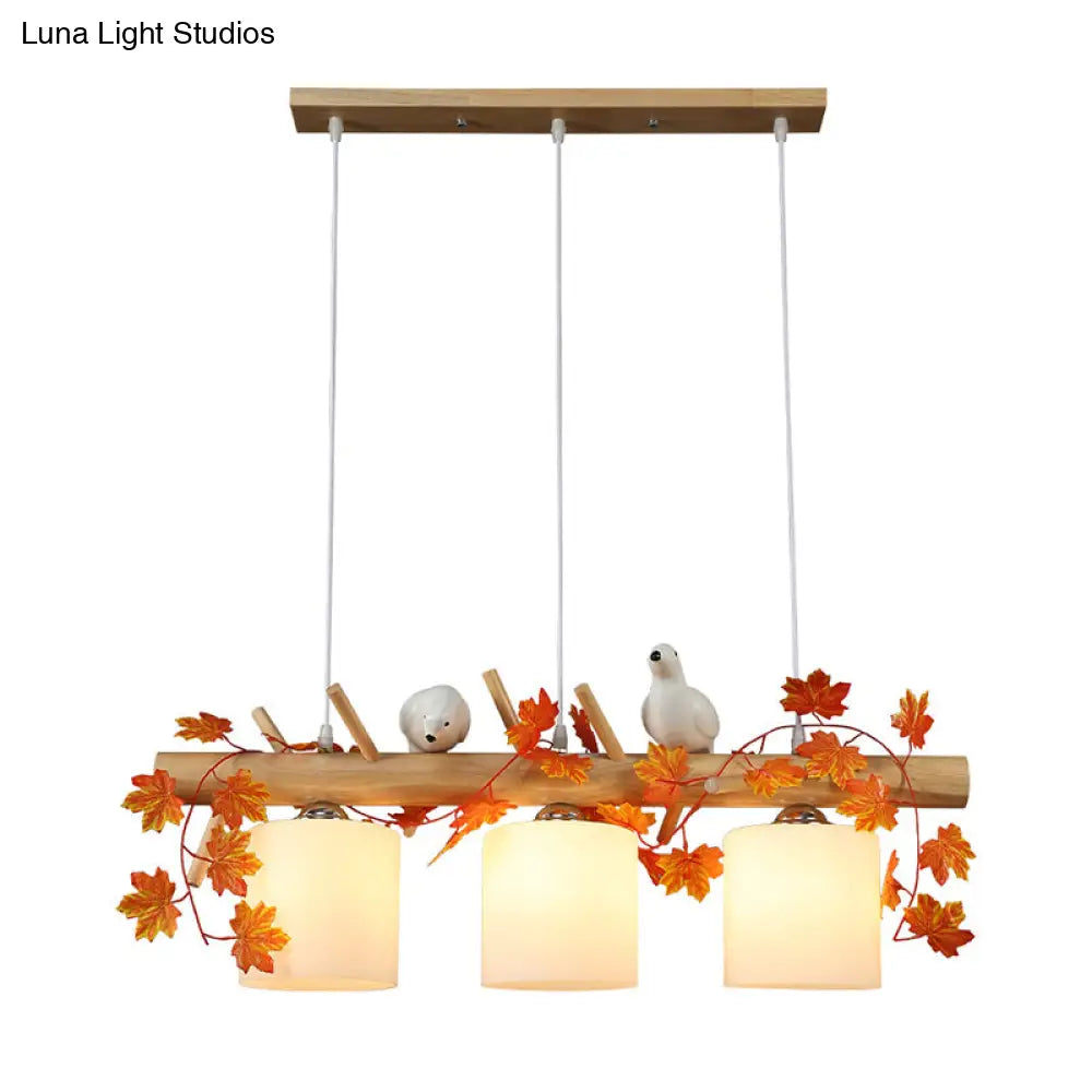 Ivory Glass Wood Island Pendant - Industrial Style With Maple/Green Leaf And Bird Décor 2/3 Bulbs