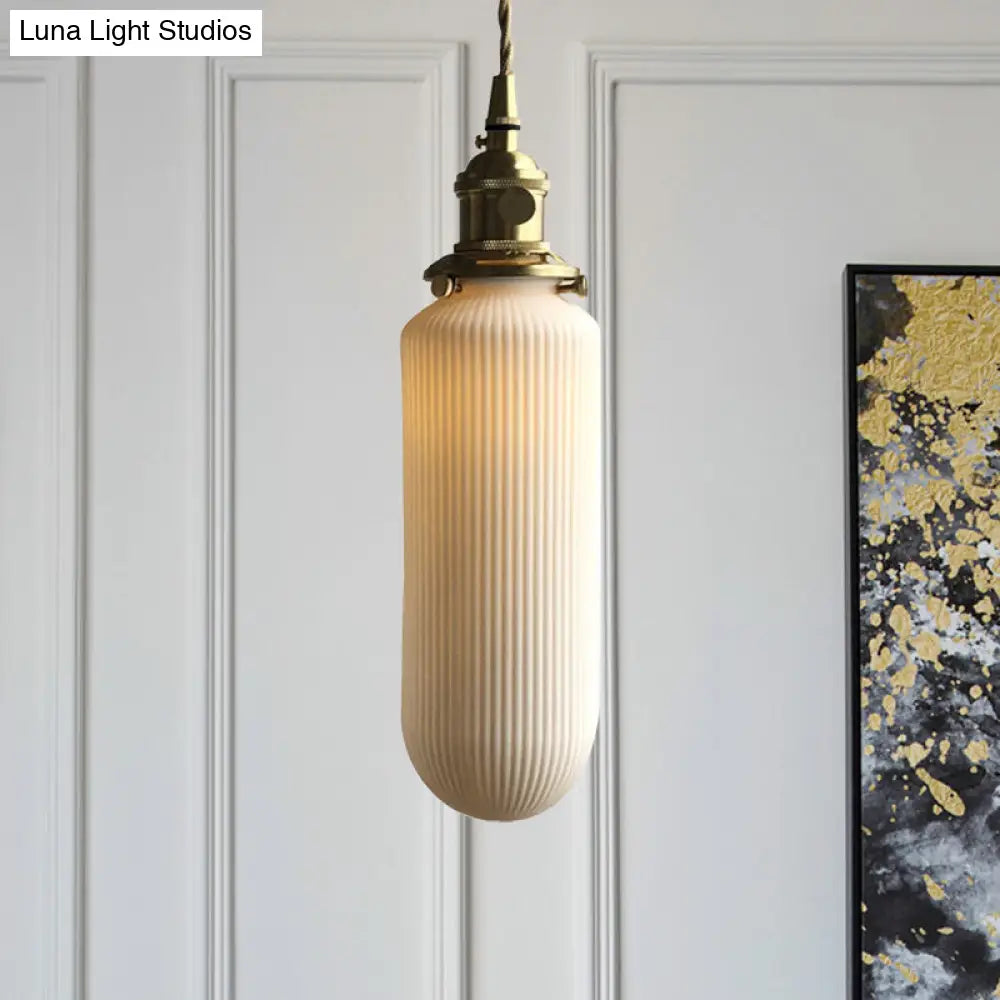 Dining Room Pendant Lamp: Ribbed Glass Cylinder Shape In Ivory - Modern 1 Light Hanging Kit