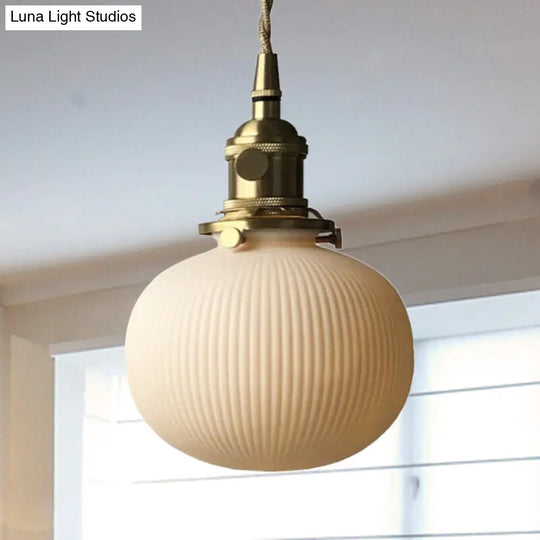 Dining Room Pendant Lamp: Ribbed Glass Cylinder Shape In Ivory - Modern 1 Light Hanging Kit