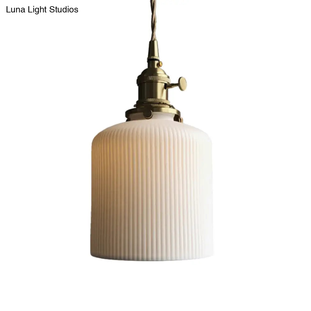 Dining Room Pendant Lamp: Ribbed Glass Cylinder Shape In Ivory - Modern 1 Light Hanging Kit