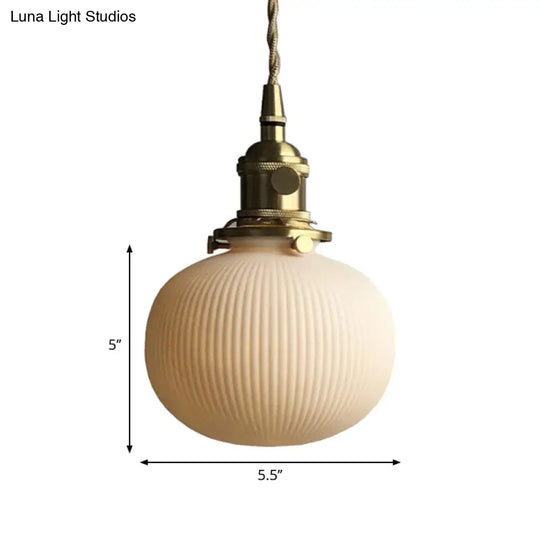 Dining Room Pendant Lamp: Ribbed Glass Cylinder Shape In Ivory - Modern 1 Light Hanging Kit