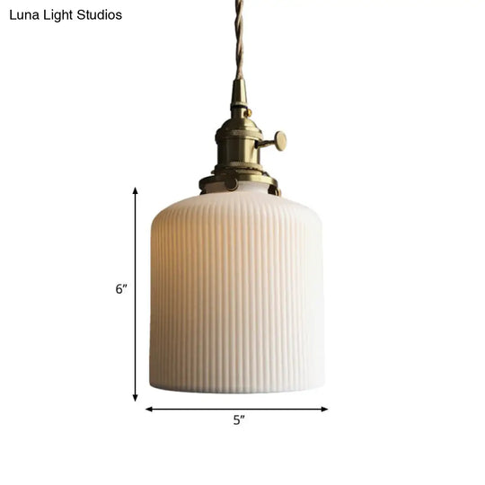 Dining Room Pendant Lamp: Ribbed Glass Cylinder Shape In Ivory - Modern 1 Light Hanging Kit