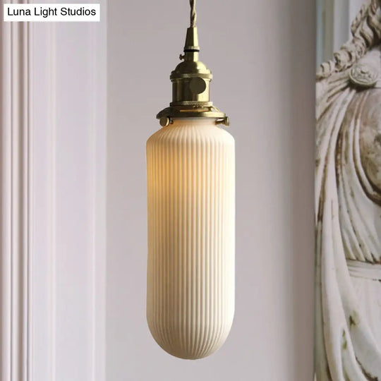 Dining Room Pendant Lamp: Ribbed Glass Cylinder Shape In Ivory - Modern 1 Light Hanging Kit