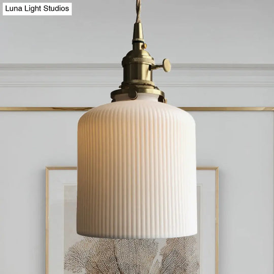 Dining Room Pendant Lamp: Ribbed Glass Cylinder Shape In Ivory - Modern 1 Light Hanging Kit /