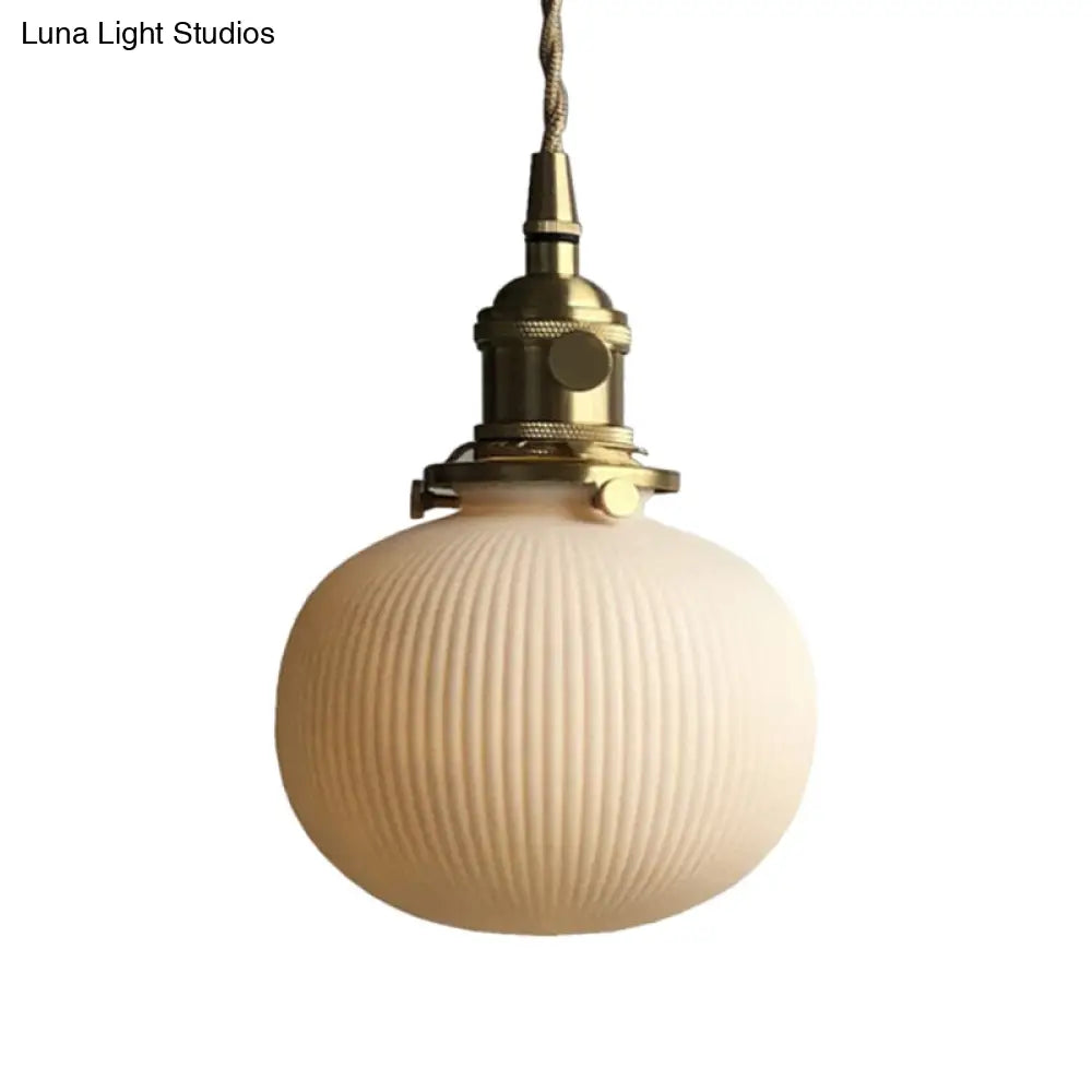 Dining Room Pendant Lamp: Ribbed Glass Cylinder Shape In Ivory - Modern 1 Light Hanging Kit