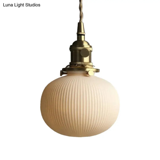 Dining Room Pendant Lamp: Ribbed Glass Cylinder Shape In Ivory - Modern 1 Light Hanging Kit