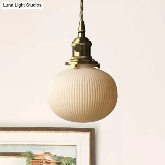 Dining Room Pendant Lamp: Ribbed Glass Cylinder Shape In Ivory - Modern 1 Light Hanging Kit