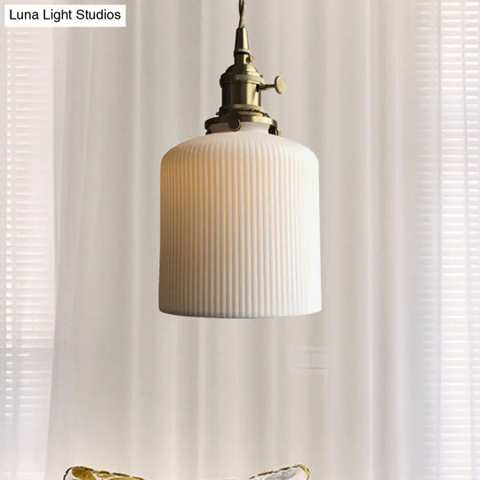 Dining Room Pendant Lamp: Ribbed Glass Cylinder Shape In Ivory - Modern 1 Light Hanging Kit