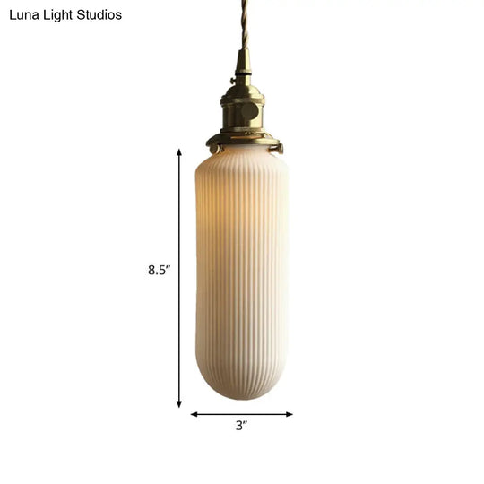 Dining Room Pendant Lamp: Ribbed Glass Cylinder Shape In Ivory - Modern 1 Light Hanging Kit