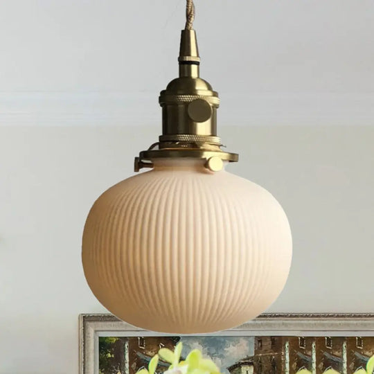 Ivory Ribbed Glass Pendant Lamp - Modern Dining Room Hanging Light / Globe