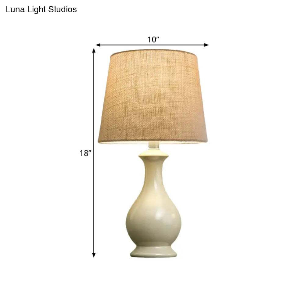 Jade - Countryside Beige Fabric Nightstand Light With White Vase Base: 1 Bulb