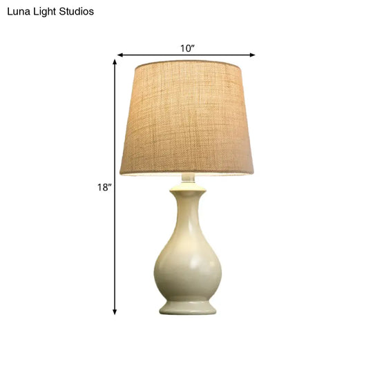 Jade - Countryside Beige Fabric Nightstand Light With White Vase Base: 1 Bulb