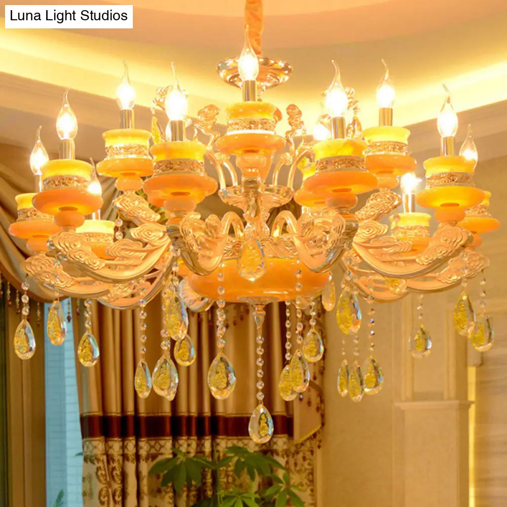 Jade Gold Candelabra Pendant Chandelier - Elegant Hanging Lighting With Crystal Droplet Ideal For