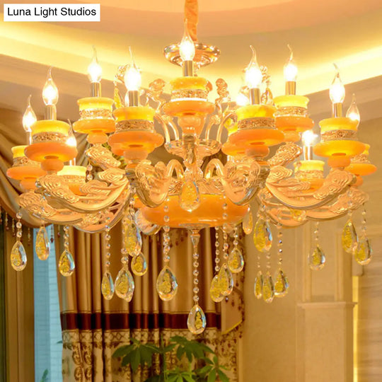 Jade Gold Candelabra Pendant Chandelier - Elegant Hanging Lighting With Crystal Droplet Ideal For