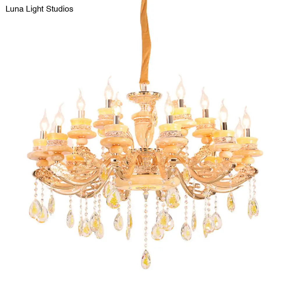 Jade Gold Candelabra Pendant Chandelier - Elegant Hanging Lighting With Crystal Droplet Ideal For