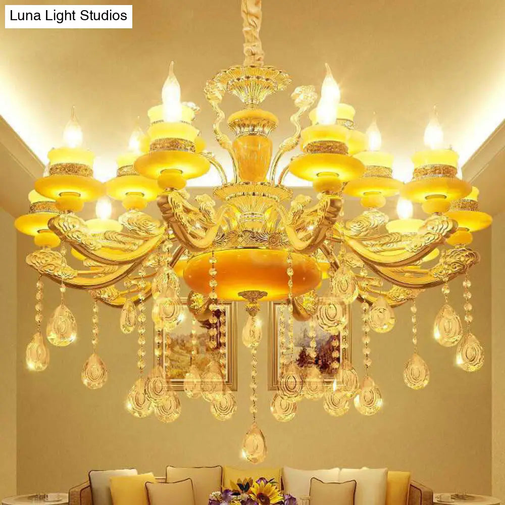 Jade Gold Candelabra Pendant Chandelier - Elegant Hanging Lighting With Crystal Droplet Ideal For