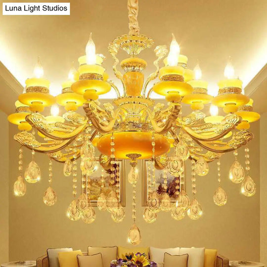 Jade Gold Candelabra Pendant Chandelier - Elegant Hanging Lighting With Crystal Droplet Ideal For