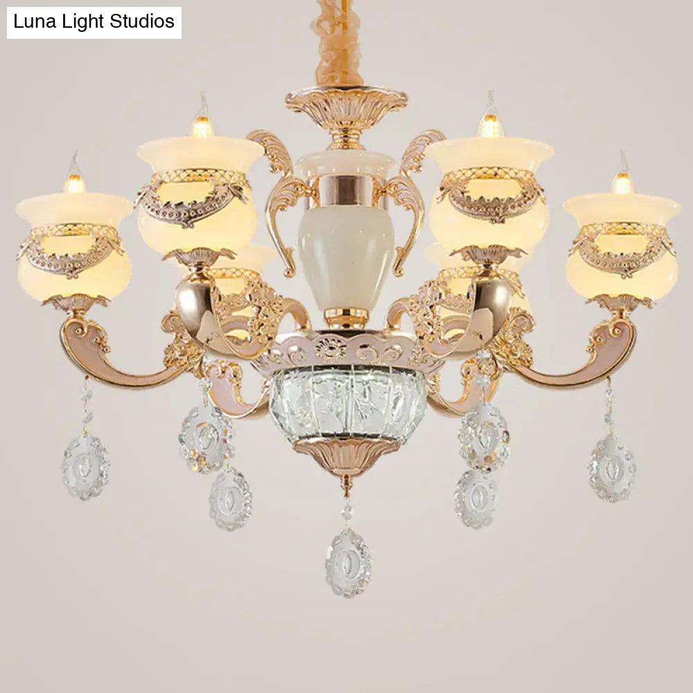 Jade Gold Candle Chandelier With Crystal Accent - Elegant Lighting For Country Living Rooms