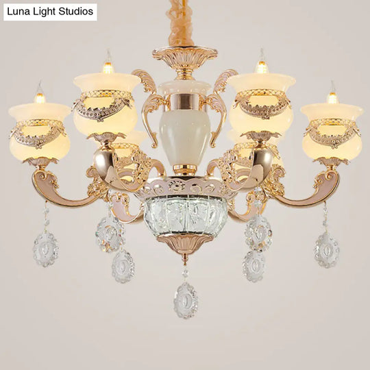 Jade Gold Candle Chandelier With Crystal Accent - Elegant Lighting For Country Living Rooms